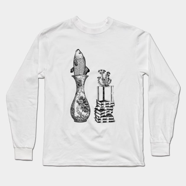 Weird fish flowers and books composition Long Sleeve T-Shirt by OdllyWeird